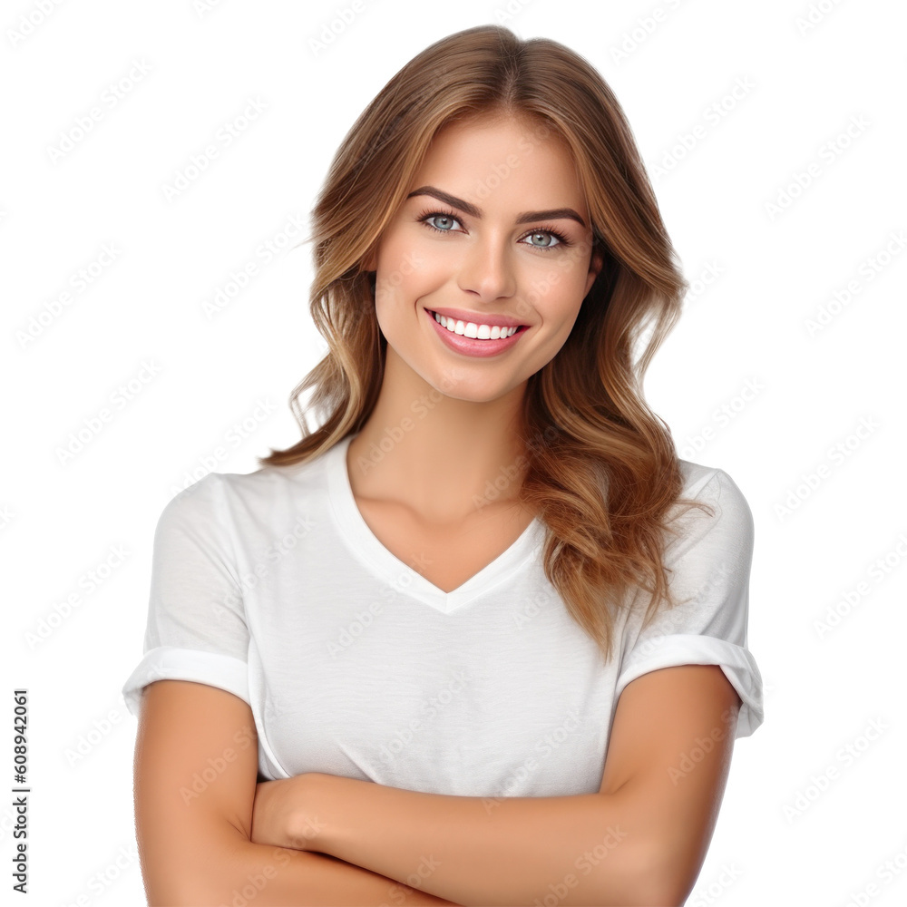 Young smiling woman looking at camera with crossed arms isolated. Illustration AI Generative.