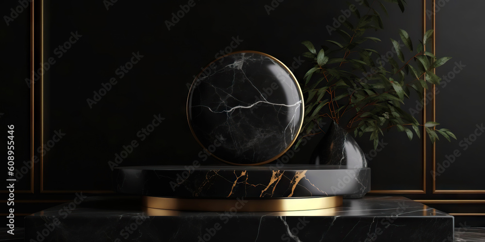 Podium made of black marble with gold, pedestal or platform. Advertising scene. Blank product stand.