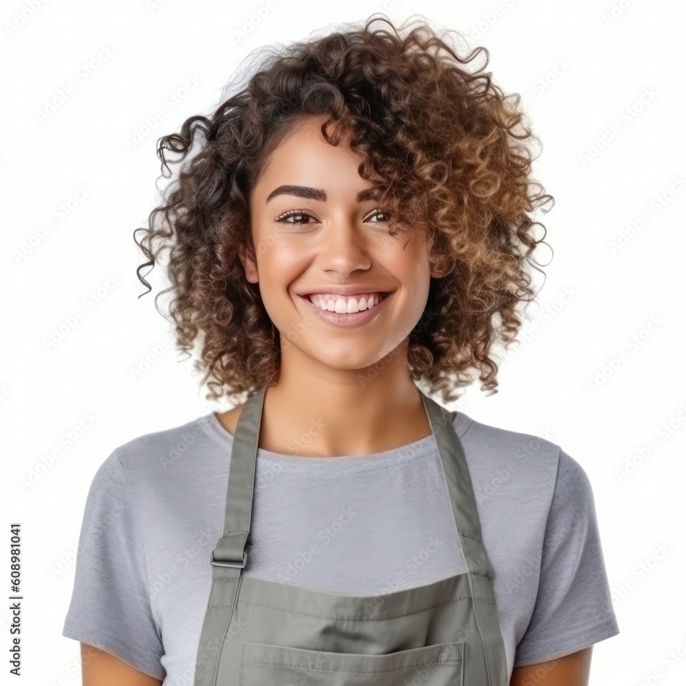 Happy woman , small business owner in casual wearing grey apron, isolated. Illustration AI Generativ