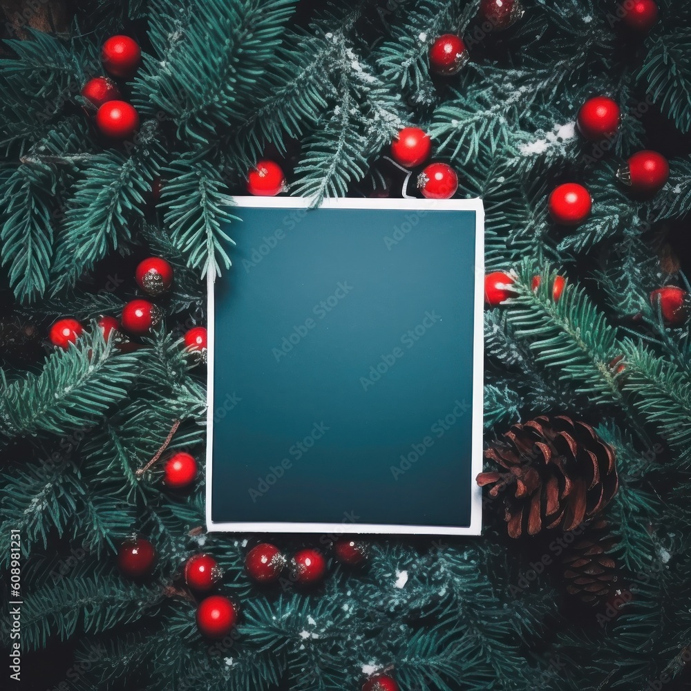 Empty paper on Christmas green background with fir. Illustration AI Generative.