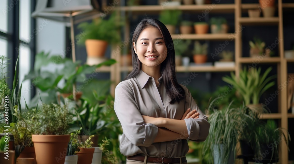 Businesswoman standing at loft office with many plants. Illustration AI Generative.