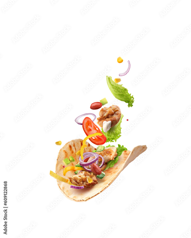 burrito with chicken meat and vegetables in flight on a white background