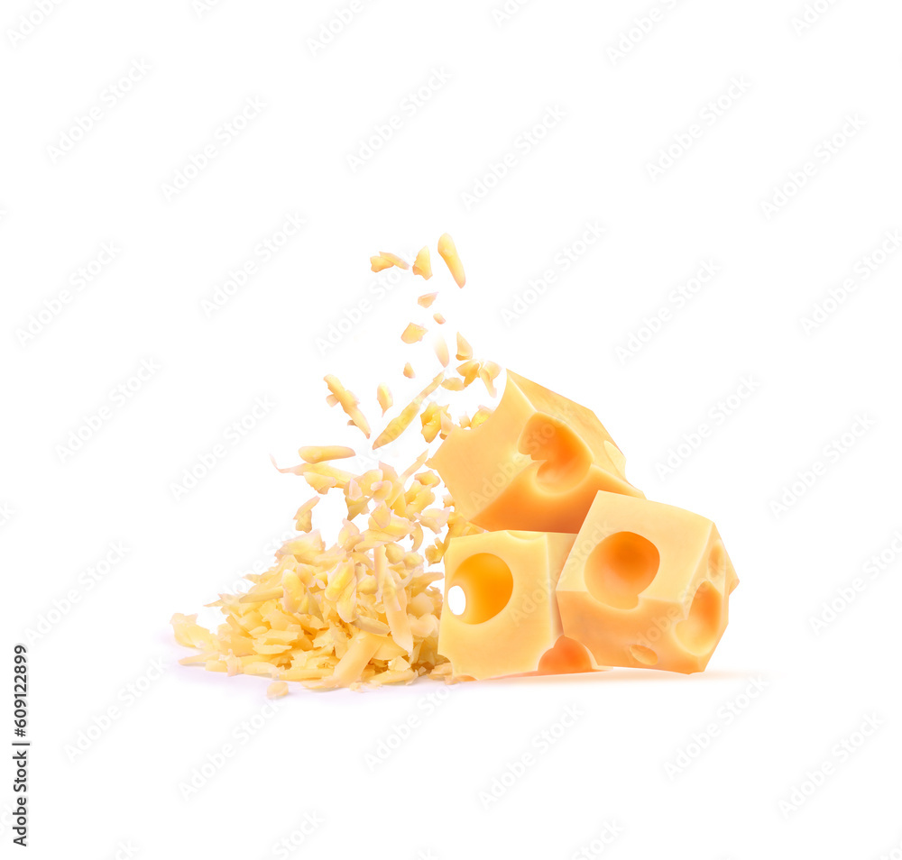 grated cheese with pieces of cheese on a white background