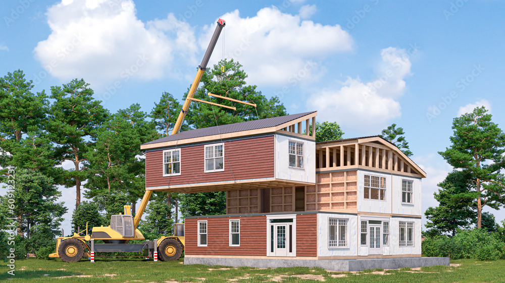 Assembling a modular house exterior. 3d illustration