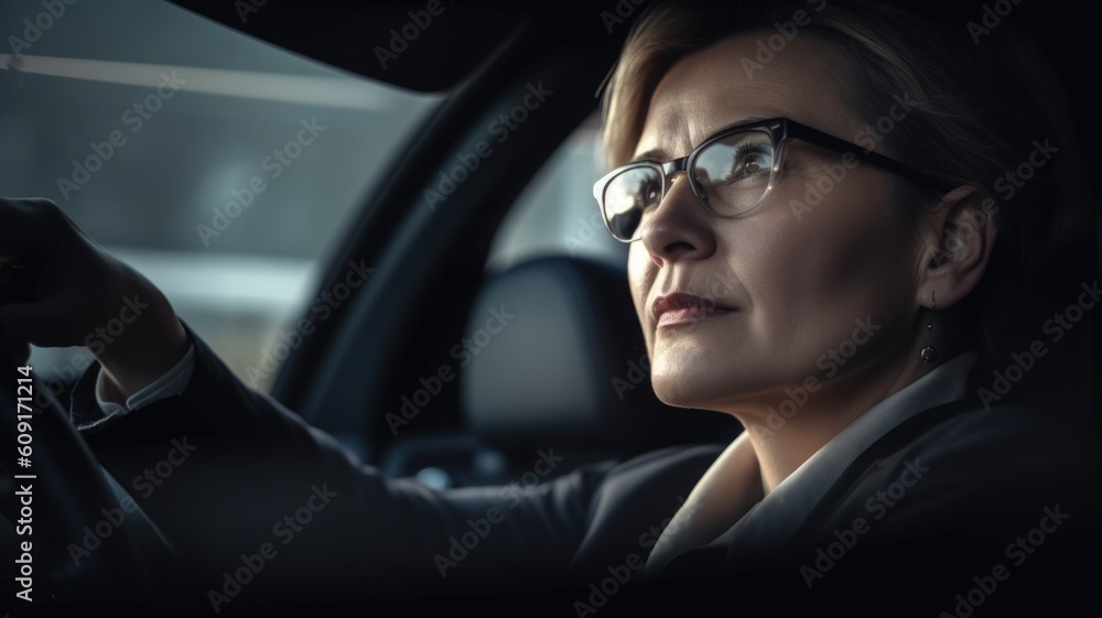 CEO Female Caucasian Mature Practicing a speech for an upcoming conference in a parked car. Generati