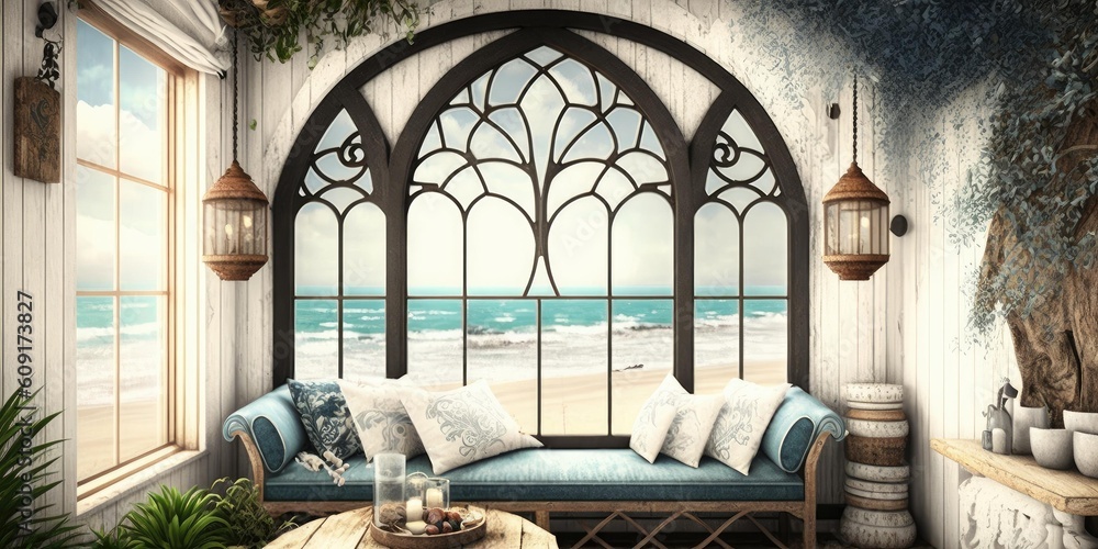 Beach house or hotel bungalow decoration in modern stylish boho. superlative generative AI image.