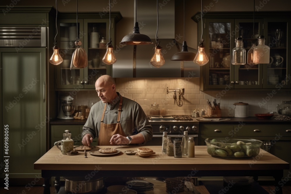 Male Caucasian middle aged cooking a meal in kitchen. Generative AI AIG23.