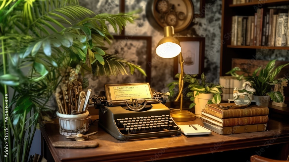 Inspiring office interior design Vintage style Office featuring Retro charm architecture. Generative