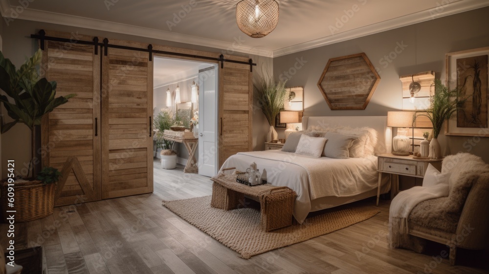 Interior design of Bedroom in Farmhouse style with Barn door decorated with Linen, cotton, reclaimed