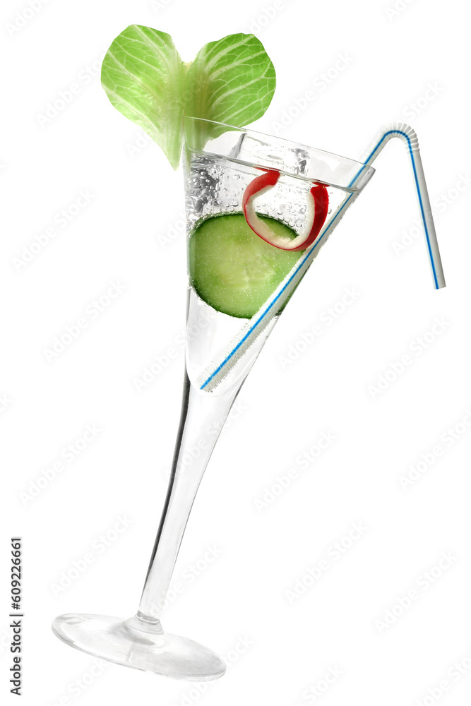 Healthy cocktail with leaf heart and radish and cucumber garnish