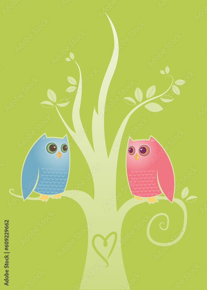 Two owls in love - perched in a tree with a heart carved into the trunk