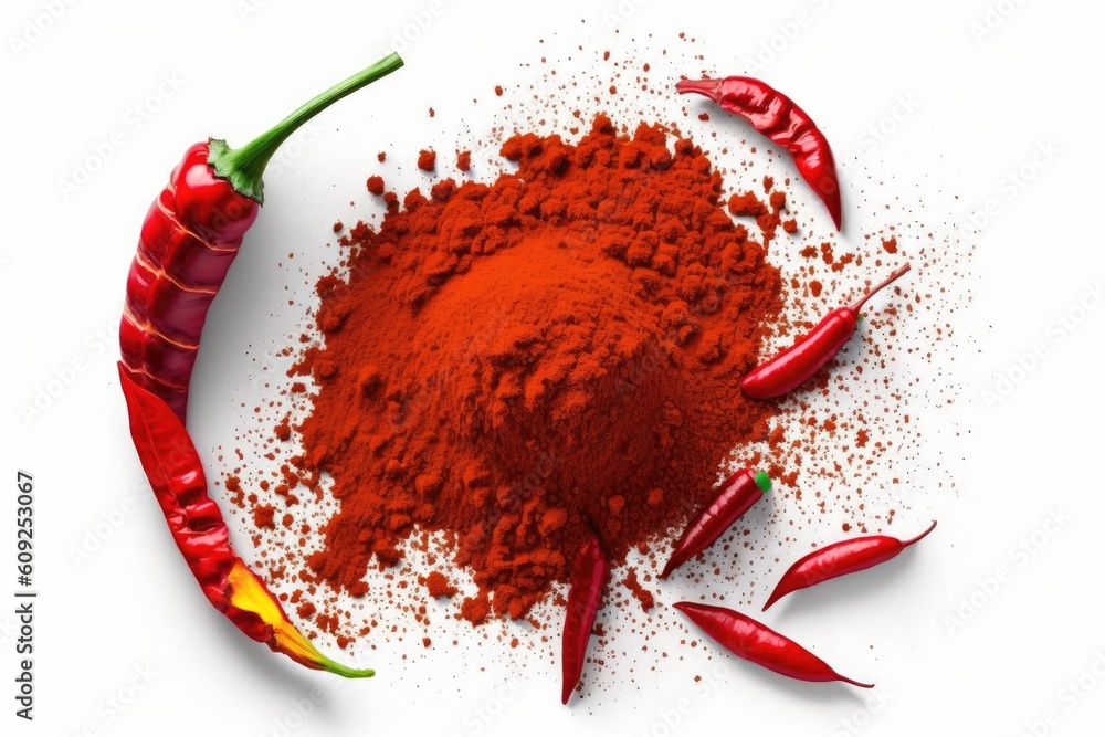 heap of fiery red chili powder alongside a fresh red chili pepper Generative AI