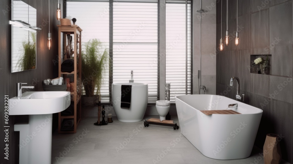 Modern minimalist bathroom interior with a white color scheme. Generative AI AIG27.