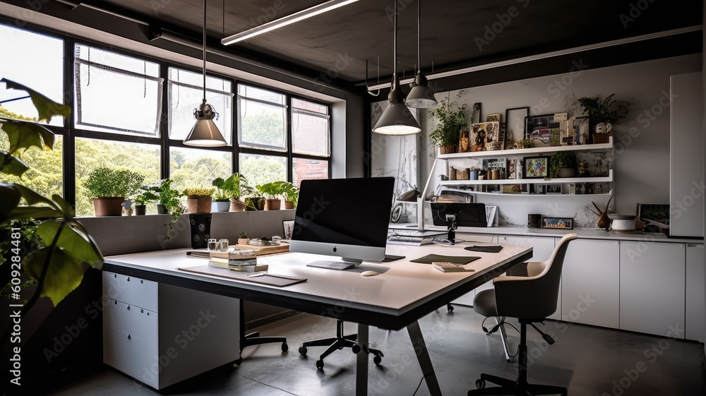 Inspiring office interior design Minimalist style Studio space featuring Clean lines architecture. G