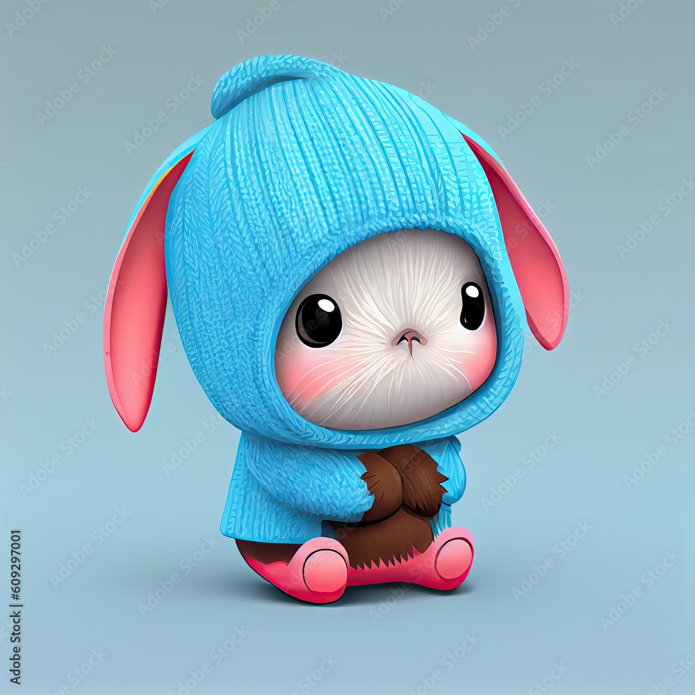 Cute rabbit comic wearing a beanie with sweater and hut. Concept of baby bunny profile with isolated