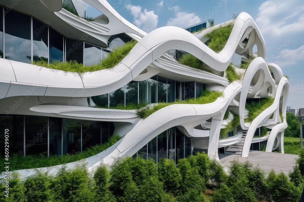 Futuristic architecture, sustainable building design, painted in white. Generative AI AIG18.