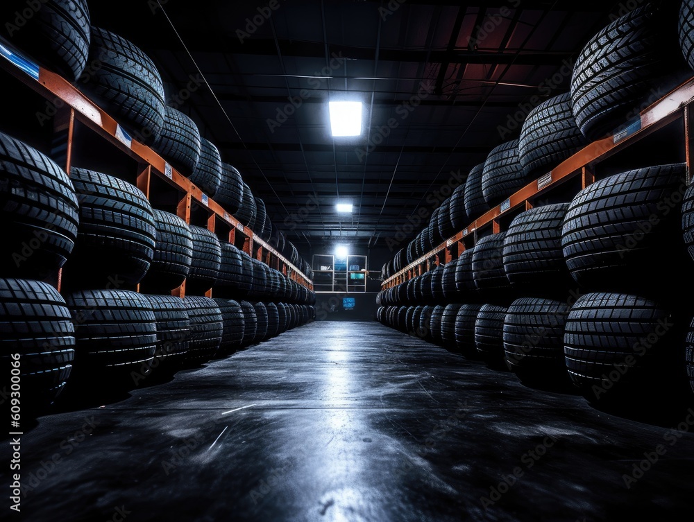 Artificial intelligence, Car tires at warehouse. Generative AI.