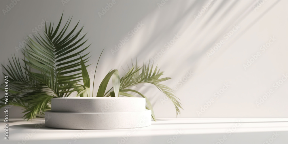 White product display podium with nature palm leaves. Generative AI