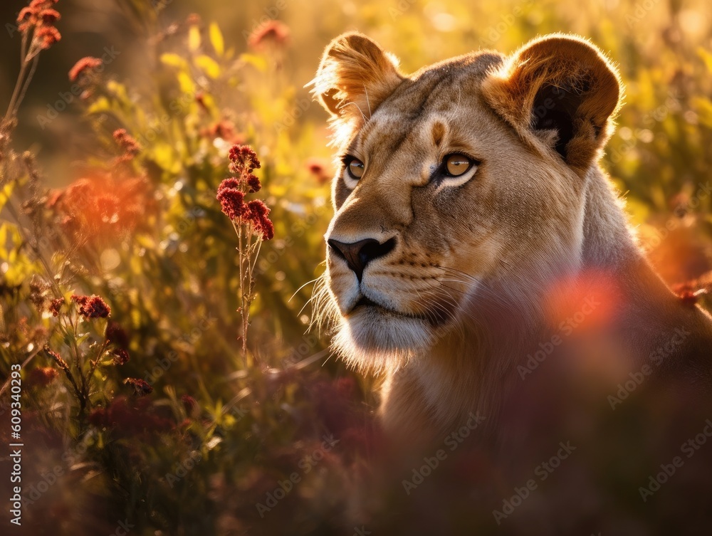 Lion in the meadow. king of the forest. Generative Ai.