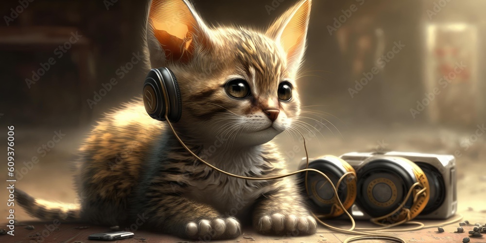 Close up of cute baby cat with headphone. Generative AI AIG16.