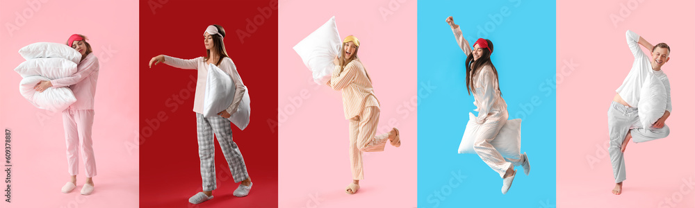 Collage of young people in pajamas, with soft pillows and sleeping masks on color background