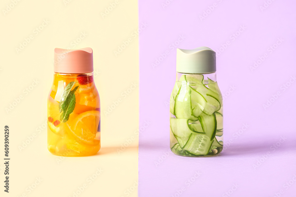 Sports bottles of infused water with different sliced fruits on colorful background