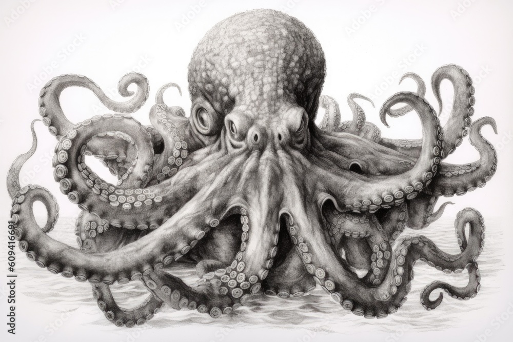 Octopus pencil drawing vintage. Generative Ai.