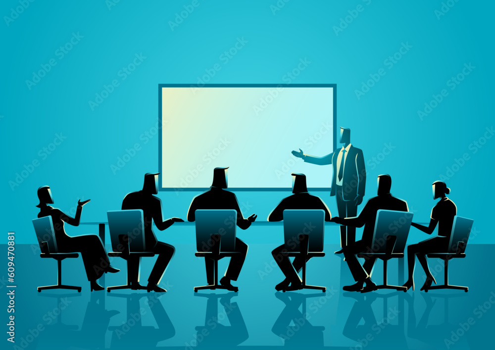 Business person giving a presentation in front of a board of directors