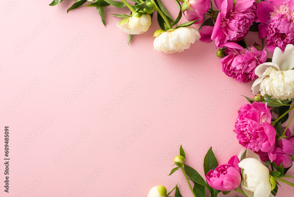 Tender peonies concept. High angle view photo of empty space with bright pink and white peony flower