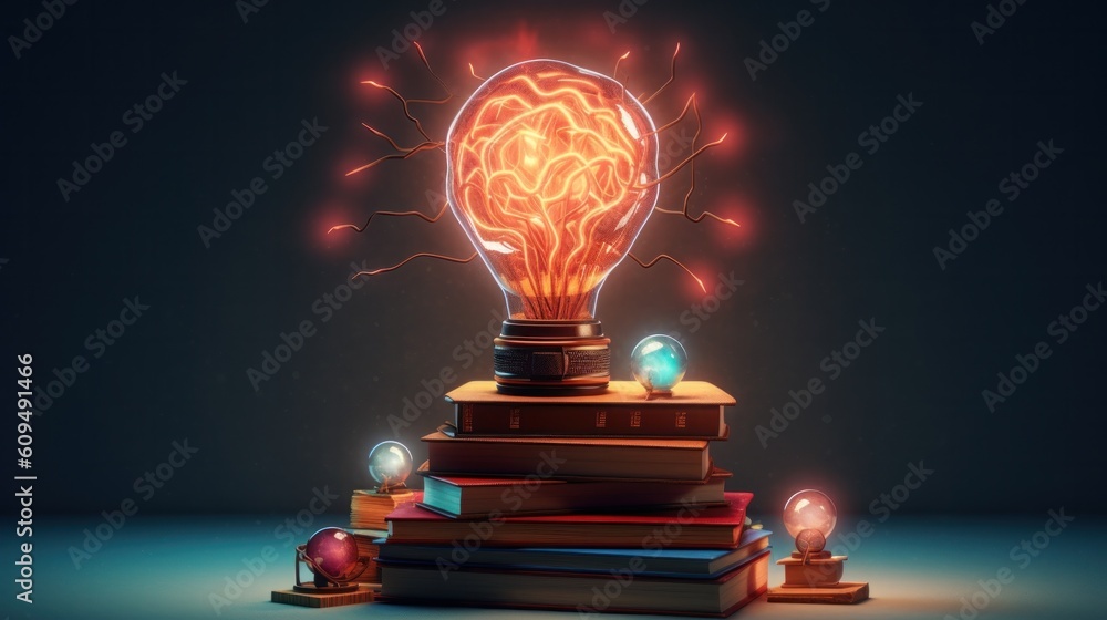 Stack of books with brain. Education concept. Illustration AI Generative.