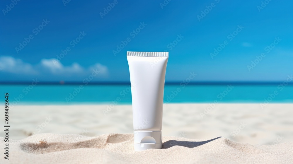 Blank sunscreen cream on the beach. Illustration AI Generative.