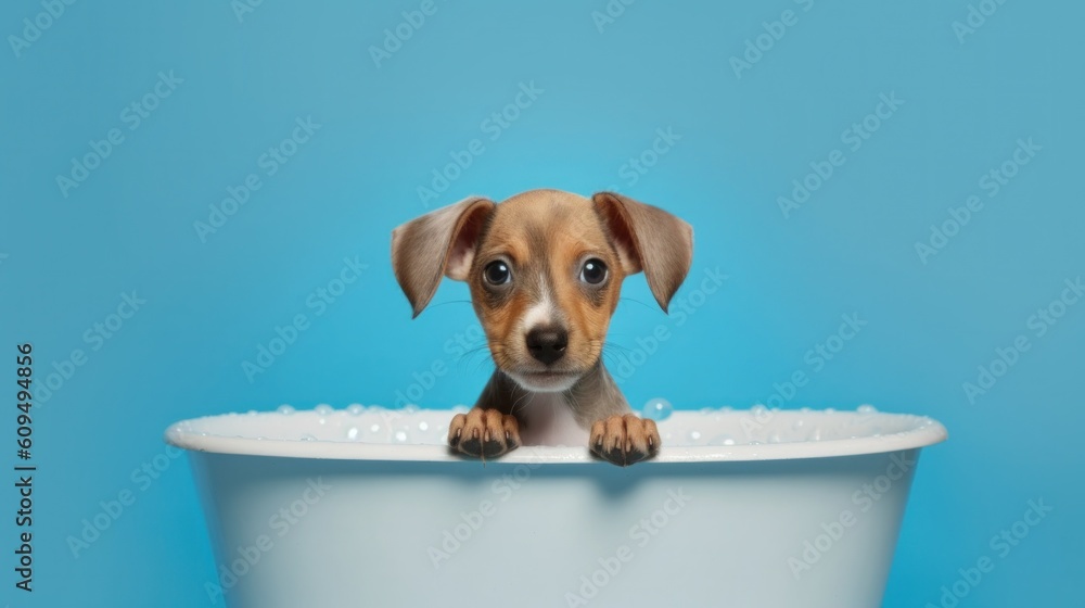 Cute little puppy in bathroom. Illustration AI Generative