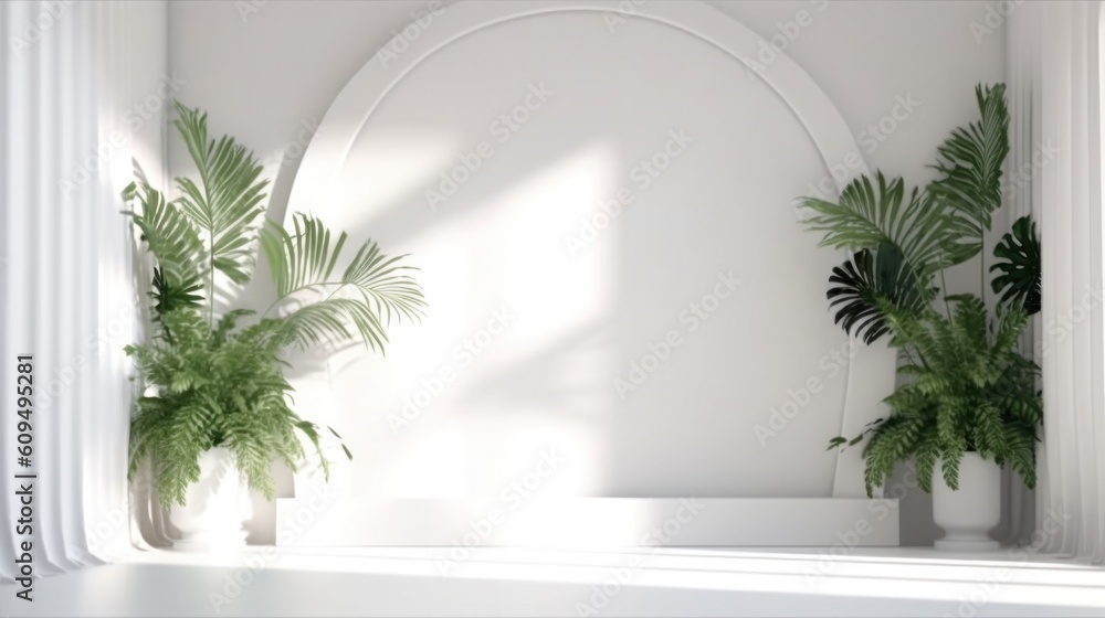 White empty studio with plants background. Illustration AI Generative.