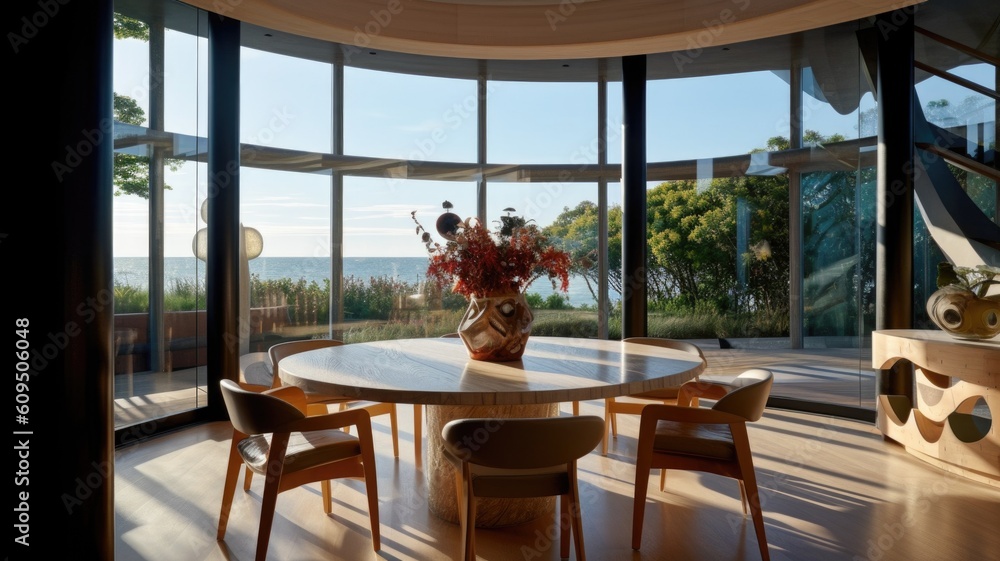 The interior design of a luxury dining space with floor-to-ceiling windows and a terrace for outdoor