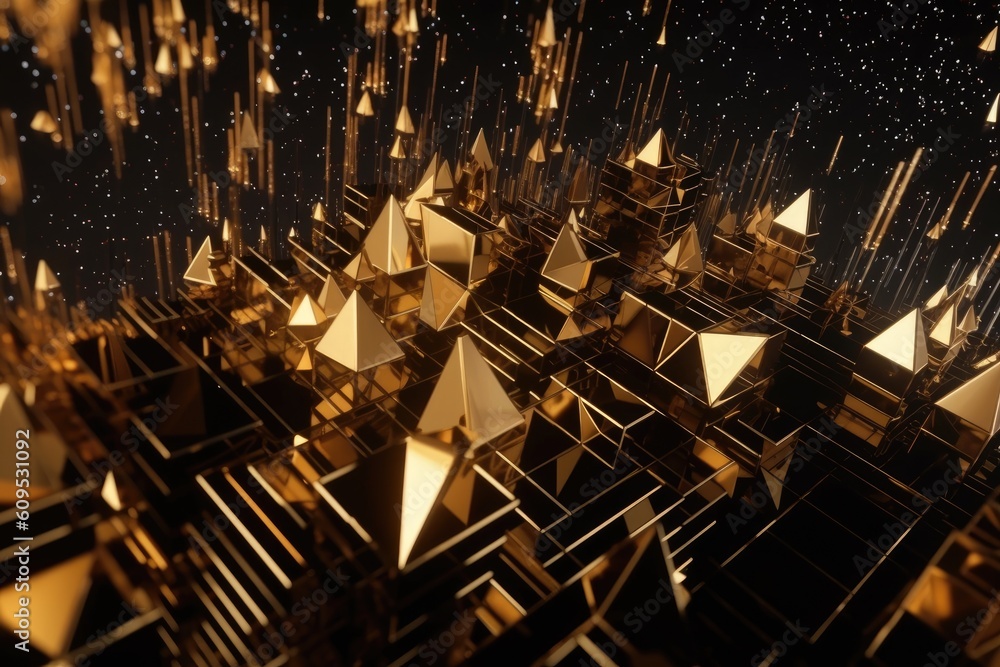 surrealistic scene with golden triangles levitating in the atmosphere Generative AI