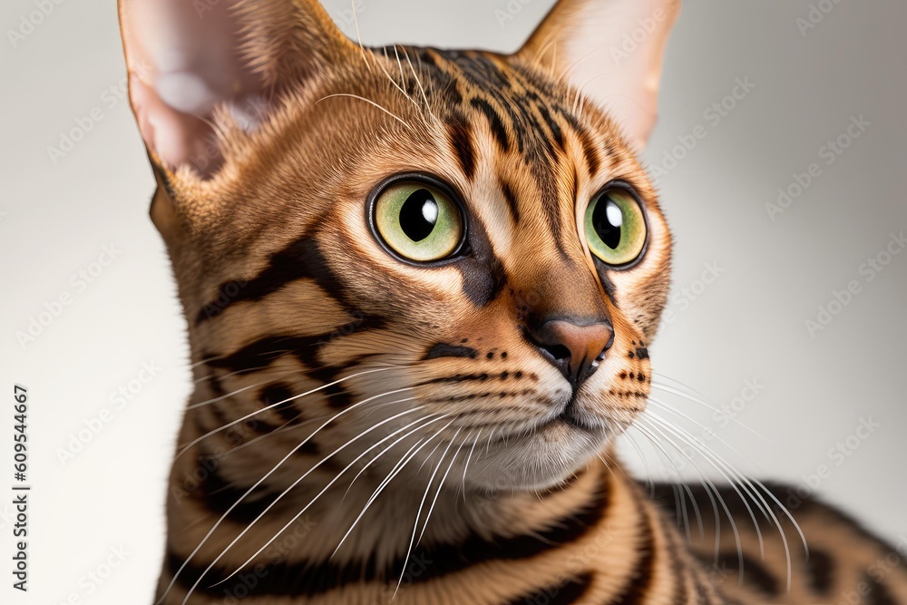 Close up of Bengal cat with white background very high quality. Generative AI AIG16