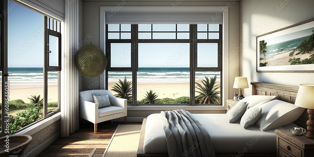 Beach house or hotel bungalow decoration in modern stylish boho. superlative generative AI image.