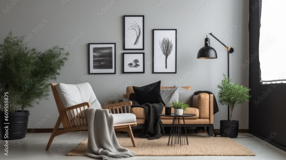 Living room decor, home interior design . Scandinavian Minimalist style with Wall Art decorated with