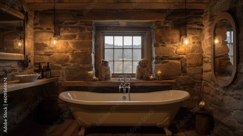 Interior design of Bathroom in Rustic style with Clawfoot Bathtub decorated with Wood Plank Walls, S