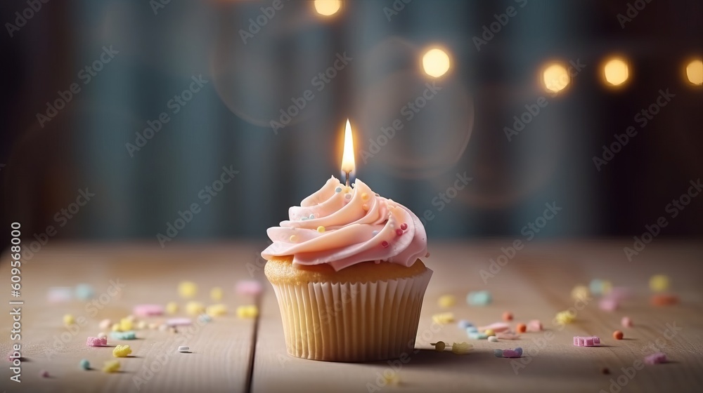 Happy Birthday background with cupcake. Illustration AI Generative.