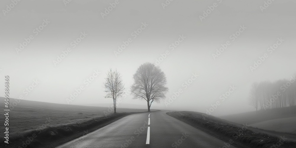 Minimalistic misty empty road. Foggy highway. Mystery travel concept. Generative AI