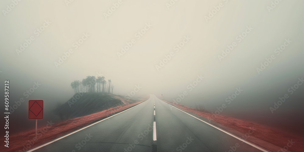 Misty empty road with trees on the side. Foggy highway. Mystery travel concept. Generative AI