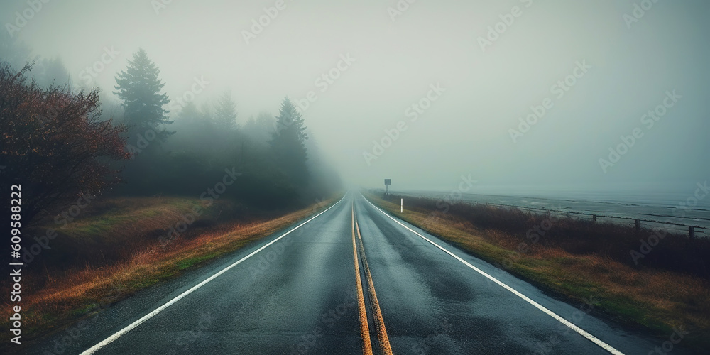 Misty empty road with trees on the side. Foggy highway. Mystery travel concept. Generative AI