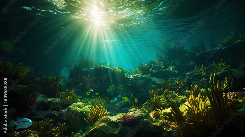 Underwater sunlight through the water surface seen from a rocky seabed with algae. Generative AI