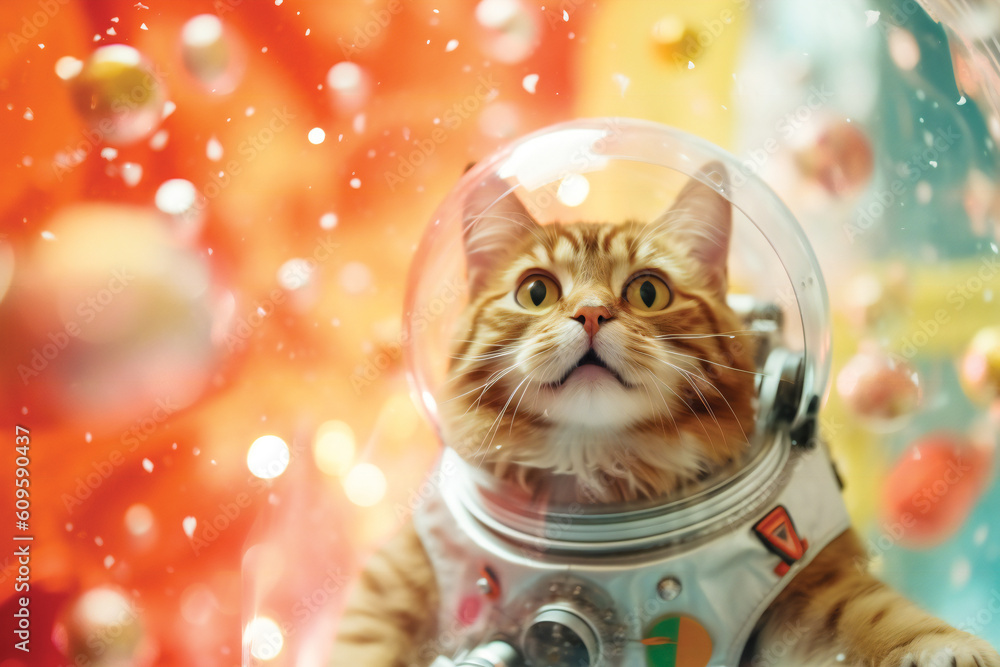 Cute space cat dressed in astronaut suit. Created with Generative AI technology.