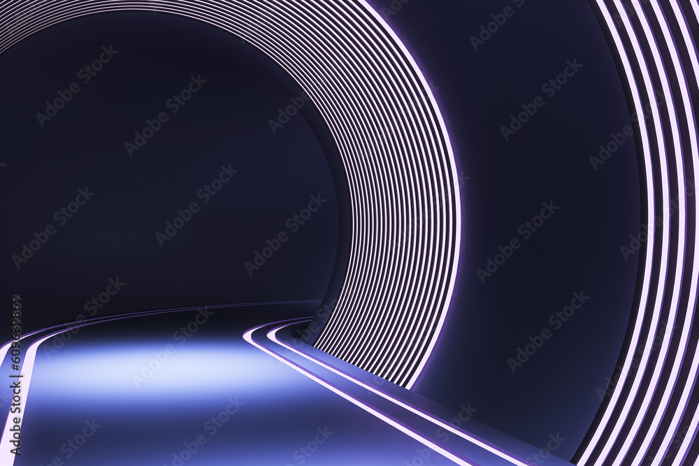 Abstract purple futuristic tunnel with lines wallpaper. Website landing page concept. 3D Rendering.