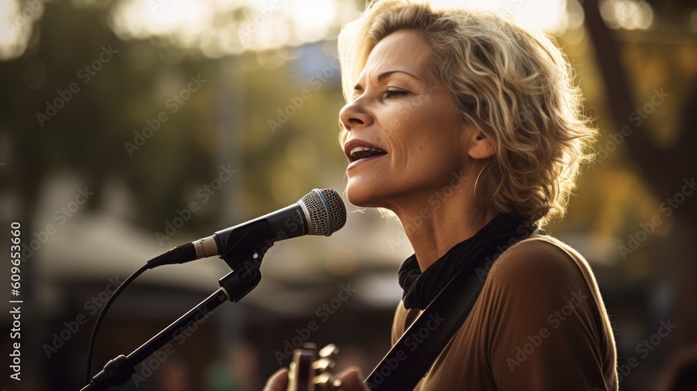 Country Singer Female Caucasian Mature Performing live music for an audience, singing country songs 