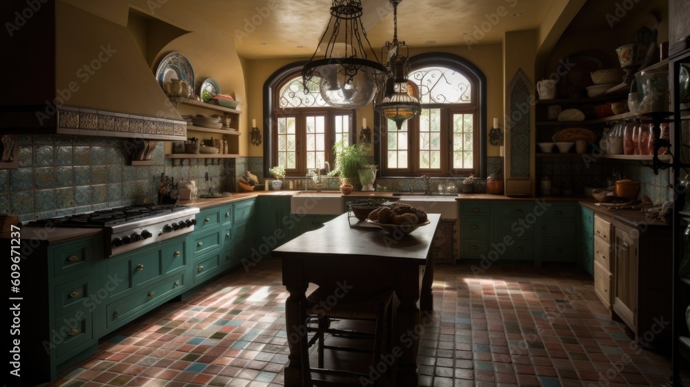 Interior design of Kitchen in Mediterranean style, Terra cotta tile flooring decorated with Mosaic t