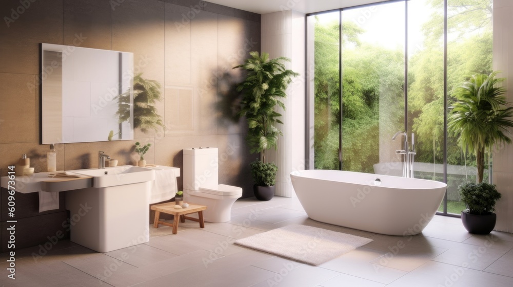 The interior design of modern minimal bathroom with natural view. Generative AI AIG27.