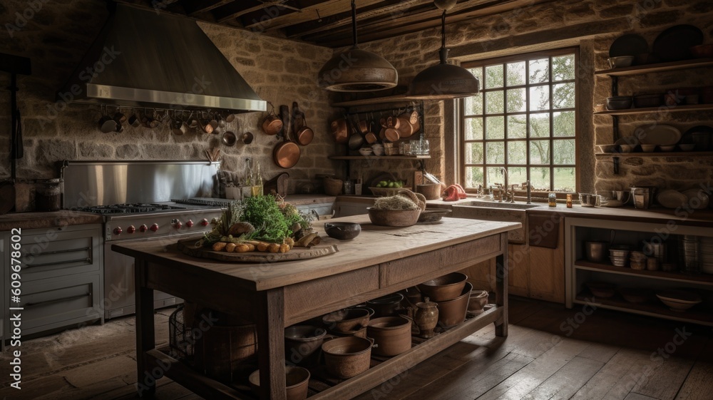 Interior design of Kitchen in Rustic style with Kitchen Island decorated with Wood, Stone, Metal mat